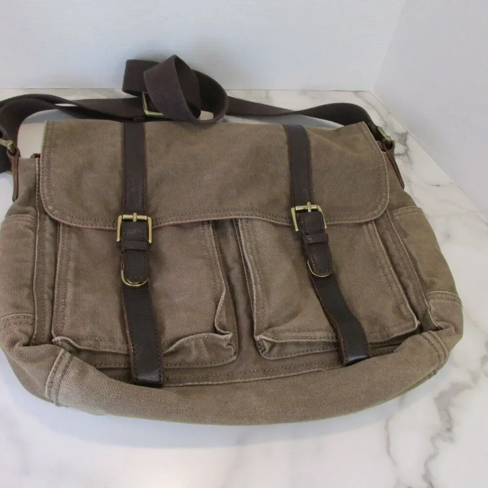 Fossil Estate Messenger Bag Olive Green Canvas Brown Leather Trim Crossbody